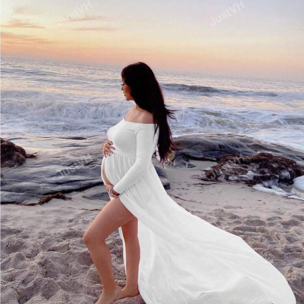 Elegant White Long Sleeve Maternity Dress